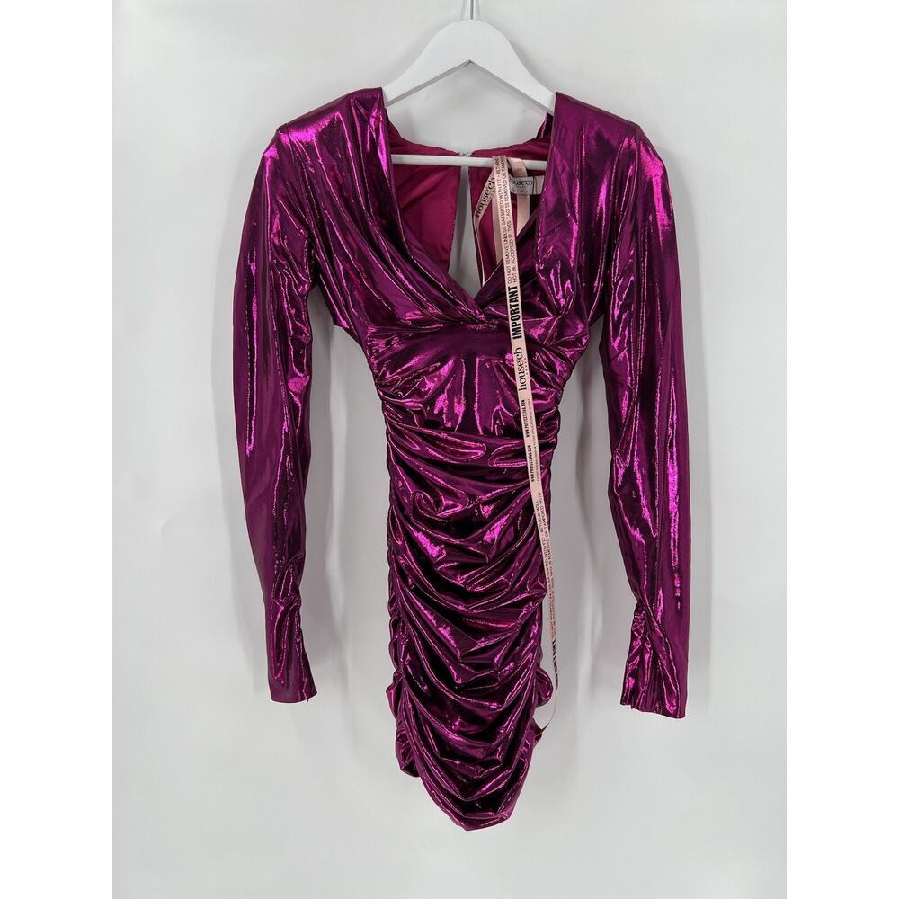 NWT House of CB Mini Dress Womens XS Fuschia Purple Pink Zandra Ruched V Neck